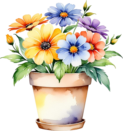 Watercolor Flowers Clipart, Flower Pot, Digital Art, illustration Art, Bright Colors Flowers, Digital Artwork