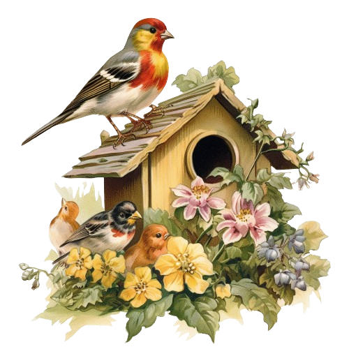 Finches Bird Clipart, Watercolor Imagen, Wooden Bird House, Nature Scene