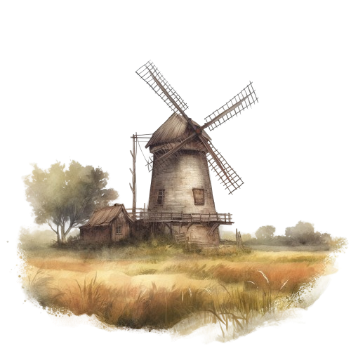 Vintage Windmill Clipart, Digital Download, Countryside Windmill Artwork, Clipart Landscape